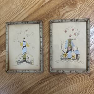 Set Of 2 Vintage 1930s Chinese Hand colored Prints - People Lotus Birds Brooklyn